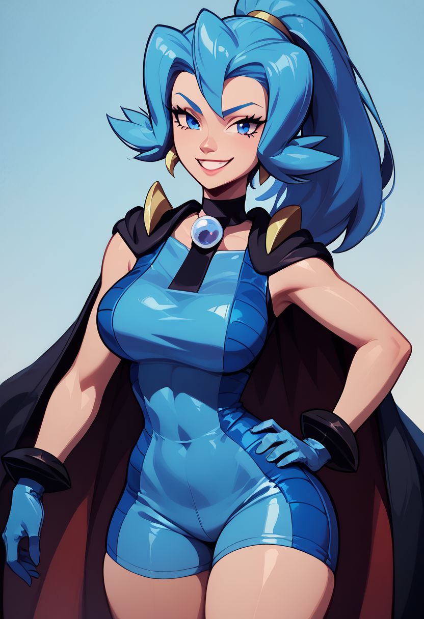 score_9, score_8_up, score_8, big breasts, (curvy), cute, eyelashes, 
BREAK, 
zzClair, solo, 1girl,  long hair, blue hair, blue eyes, ponytail, blue bodysuit, black cape, blue gloves,
cowboy shot, smile, smug, hand on hip, wide hips, 
BREAK, 
zPDXL, Expressiveh p4st3lg0r3