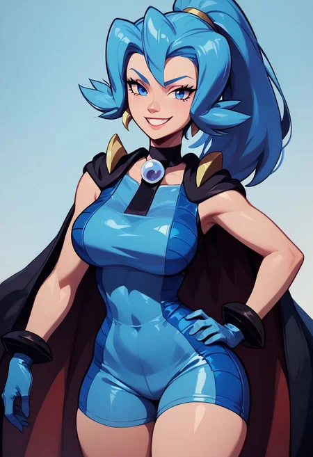 score_9, score_8_up, score_8, big breasts, (curvy), cute, eyelashes,
BREAK,
zzClair, solo, 1girl, long hair, blue hair, blue eyes, ponytail, blue bodysuit, black cape, blue gloves,
cowboy shot, smile, smug, hand on hip, wide hips,
BREAK,
zPDXL, Expressiveh p4st3lg0r3