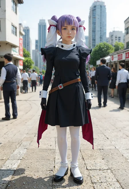 <lora:Hyper-SDXL-8steps-lora:1> <lora:Fixhands_anime_bdsqlsz_V1:1> zPDXL2, score_9, score_8_up, score_7_up, source_anime, intricate details, perfect anatomy BREAK
outdoors, city, tokyo, japan, audience, crowd, standing, holding cigarette , Bored, A slack jaw, drooping eyelids, and a slightly uninterested gaze., 1girl, solo, solo focus, 
<lora:GAGE-fram_nara_XL(pony)v10:1> GAGE-fram, purple hair, twintails, hair ornament, purple eyes, GAGE-fram outfit, black dress, white wrist cuffs, black gloves, black skirt, white pantyhose, black legwear, white shoes, long sleeves,