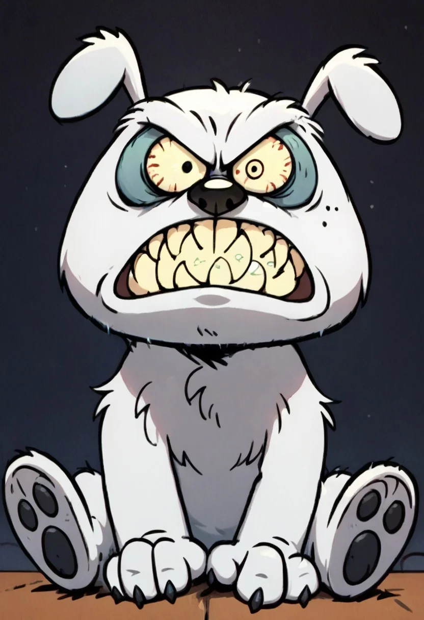 (score_9 | score_8_up | score_7_up) ((masterpiece:1))(best quality,very high quality,ultra detailed:1.2) (2D,cartoon style,anime style)(Smooth:2)(clean blurring) (four fingers on each hand,one thumb on each hand:1), solo, charles, dog, black spot on left eye, white fur, paw, dog paws, runaway brain, monstrous look, angry face, exagerated features, intense eyes, aggressie expression, hunched, menacing, sharp teeth, hunched over, full body