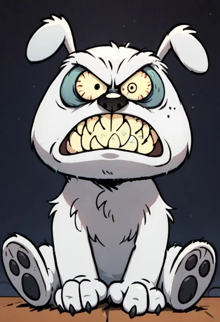 (score_9 | score_8_up | score_7_up) ((masterpiece:1))(best quality,very high quality,ultra detailed:1.2) (2D,cartoon style,anime style)(Smooth:2)(clean blurring) (four fingers on each hand,one thumb on each hand:1), solo, charles, dog, black spot on left eye, white fur, paw, dog paws, runaway brain, monstrous look, angry face, exagerated features, intense eyes, aggressie expression, hunched, menacing, sharp teeth, hunched over, full body