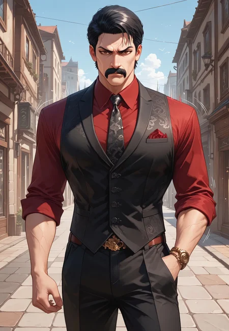cowboy shot, (solo), 1boy, motion lines, male focus, full-length portrait, standing, 
masculine face, daddy looking face, masculine, wrinkle, Villain, thug, gangster, Nahualli, black hair, moustache, brown eyes,
Serious expression, 
Red shirt, black vest, suit pants, necktie, elegant man, 
toned body, lean body, slim body, narrow waist,
detailed face, detailed body, detailed eyes, perfect anatomy,
masterpiece,best quality,amazing quality,
<lora:cfg_scale_boost:0.2>, <lora:add-detail-xl:0.2>, <lora:NAI_QualityV1.1:0.2>,
Outdoors, street