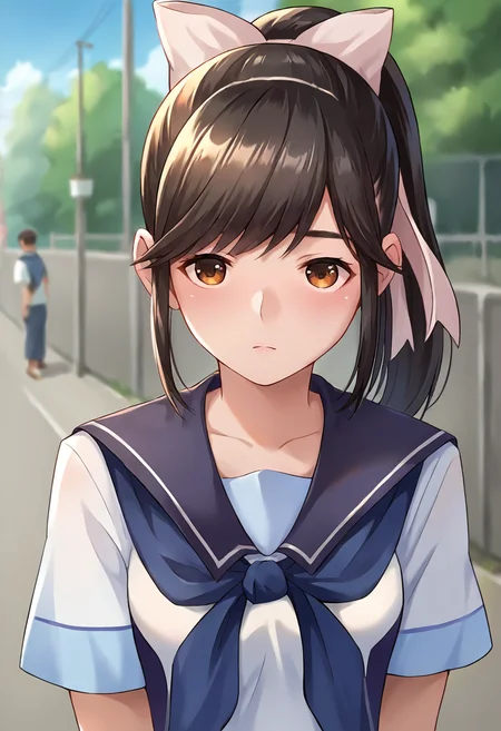 score_9, score_8_up, score_7_up, masterpiece, source_anime 1girl, ct_m4na, long hair, ponytail, hair bow, white serafuku, short sleeves, blue sailor collar, blue neckerchief, blue skirt outdoors, depth of field, city, cowboy shot, shiny skin, upper body,  <lora:Manaka Takane_Pony_ct_ver2:1>