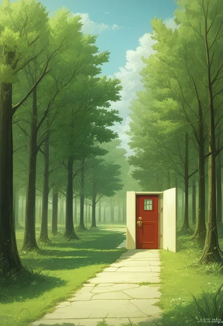 earthelements style, no humans, scenery, outdoors, plant, grass, tree, day, door, grass, overgrown, ethereal, green, BREAK PonyXLV6_Scores