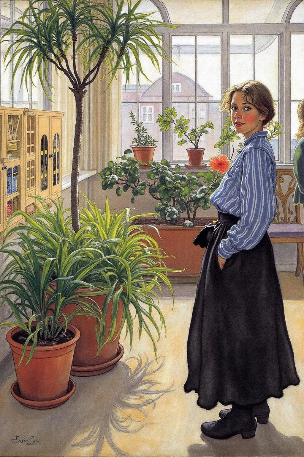 car1ar painting.
A indoor scene with a woman standing in a bright, sunlit room filled with lush green plants and natural light pouring through large windows. She is positioned on the right side of the image, turning her head to look at the viewer. <lora:car1ar1_cap_d6a3:1.0><lora:825494969432367242:0>