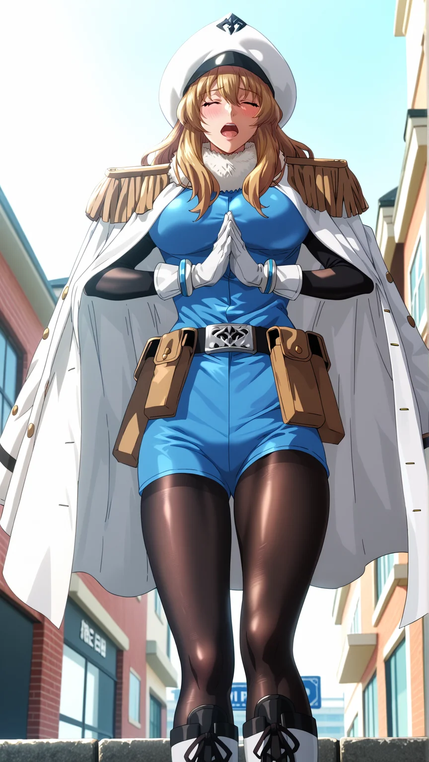 2d, fantasy-style, (zPDXL2), (((cowboy shot))), (((dynamic pose))), (((dynamic angle))), (((sehele style))), webtoon, anime, centered, 1girl, 1woman, ppsh, open mouth, praying, blush, long hair, blonde hair, closed eyes, white hat, white fur trim, white cape, yellow epaulettes, blue top, big breasts, black sleeves, white gloves, bracelets, belt, poaches, black pantyhose, lace up white boots, modern city background, <lora:sd_xl_dpo_lora_v1:1>, <lora:OMG-Is-DucHaiten_v1.0:0.1>, <lora:Seunghee_Lee_Style_PDXL:0.4>, <lora:ManhwaSDXL:1.5>, <lora:ppsh_PonyXL:0.8>
