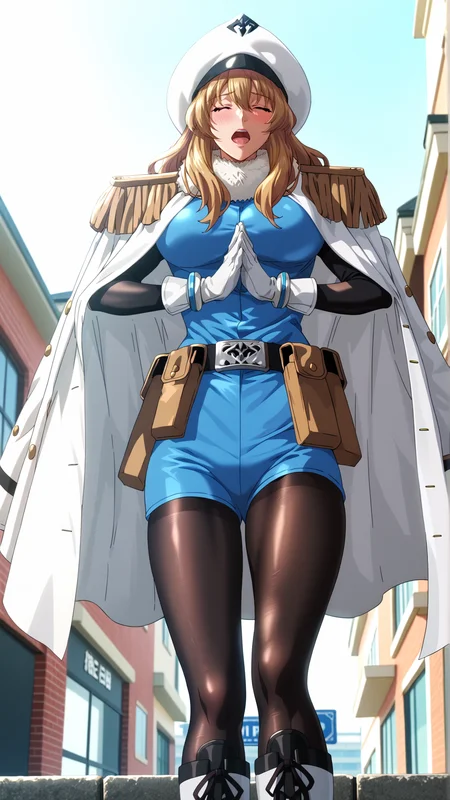 2d, fantasy-style, (zPDXL2), (((cowboy shot))), (((dynamic pose))), (((dynamic angle))), (((sehele style))), webtoon, anime, centered, 1girl, 1woman, ppsh, open mouth, praying, blush, long hair, blonde hair, closed eyes, white hat, white fur trim, white cape, yellow epaulettes, blue top, big breasts, black sleeves, white gloves, bracelets, belt, poaches, black pantyhose, lace up white boots, modern city background, <lora:sd_xl_dpo_lora_v1:1>, <lora:OMG-Is-DucHaiten_v1.0:0.1>, <lora:Seunghee_Lee_Style_PDXL:0.4>, <lora:ManhwaSDXL:1.5>, <lora:ppsh_PonyXL:0.8>