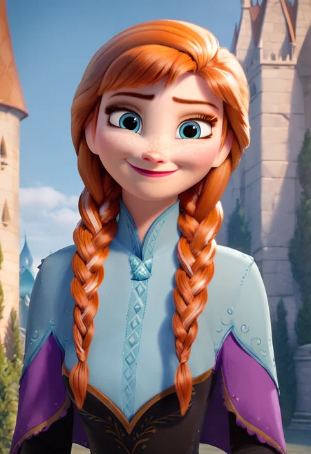 masterpiece,best quality, highly detailed, score_9, score_8_up, score_7_up, score_6_up,source_Anime,<lora:xl_more_art-full_v1:0.8>,
BREAK
 anna, 1girl, anna (frozen),twin braids,smile solo, braid, freckles, long hair, looking at viewer, blue eyes,half body, orange hair,castle, <lora:anna-10:0.8>