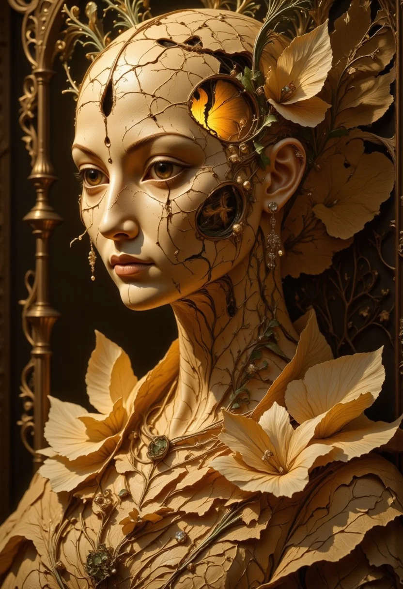 Create an intricately detailed, hyper-realistic portrait of an aging, cracking, and broken Victorian-era porcelain and paper-mâché doll depicting a wise woman. A prominent crack with a hole adorns her forehead revealing an eerie yellow glow emanating from within the doll, adding an unsettling and eerie aura to her visage. Her eyes are completely black, resembling deep voids that seem to hold ancient secrets and untold stories. She is set against a backdrop of aged, yellowed parchment, its worn textures complementing her own decaying appearance. Her ornate, Victorian-inspired gown is adorned with delicate, hand-crafted paper flowers, their petals unfolding like tiny, intricate sculptures—some torn and weathered by time.
The overall aesthetic blends Luis Royo's dark, mystical realism with Artgerm's meticulous attention to detail and H.P. Lovecraft's eerie, otherworldly sensibilities. Ambient light casts dramatic shadows across her face, accentuating the aging textures of the paper-mâché and the luminous yet cracked porcelain-like skin. The delicate, swirling patterns of the gown's aged embroidery are highlighted, emphasizing the craftsmanship of a bygone era. Wisps of faded lace and frayed edges add to the haunting beauty of the scene. The atmosphere exudes haunting elegance and creeping unease, capturing the duality of beauty and decay in a single, mesmerizing image.
