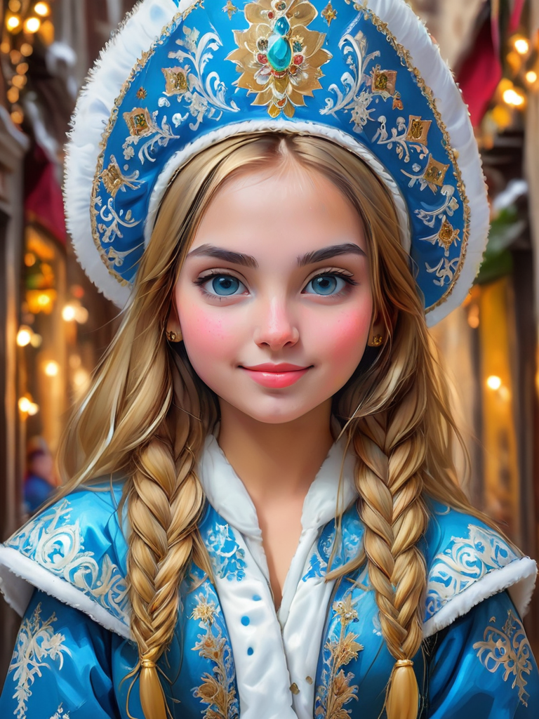 Renaissance style abstract expressionist painting waist portrait of cute girl wearing kokoshnik, top view, new year street celebration background, <lora:Kokoshnik:1.0> . energetic brushwork, bold colors, abstract forms, expressive, emotional . Realistic, perspective, light and shadow, religious or mythological themes, highly detailed