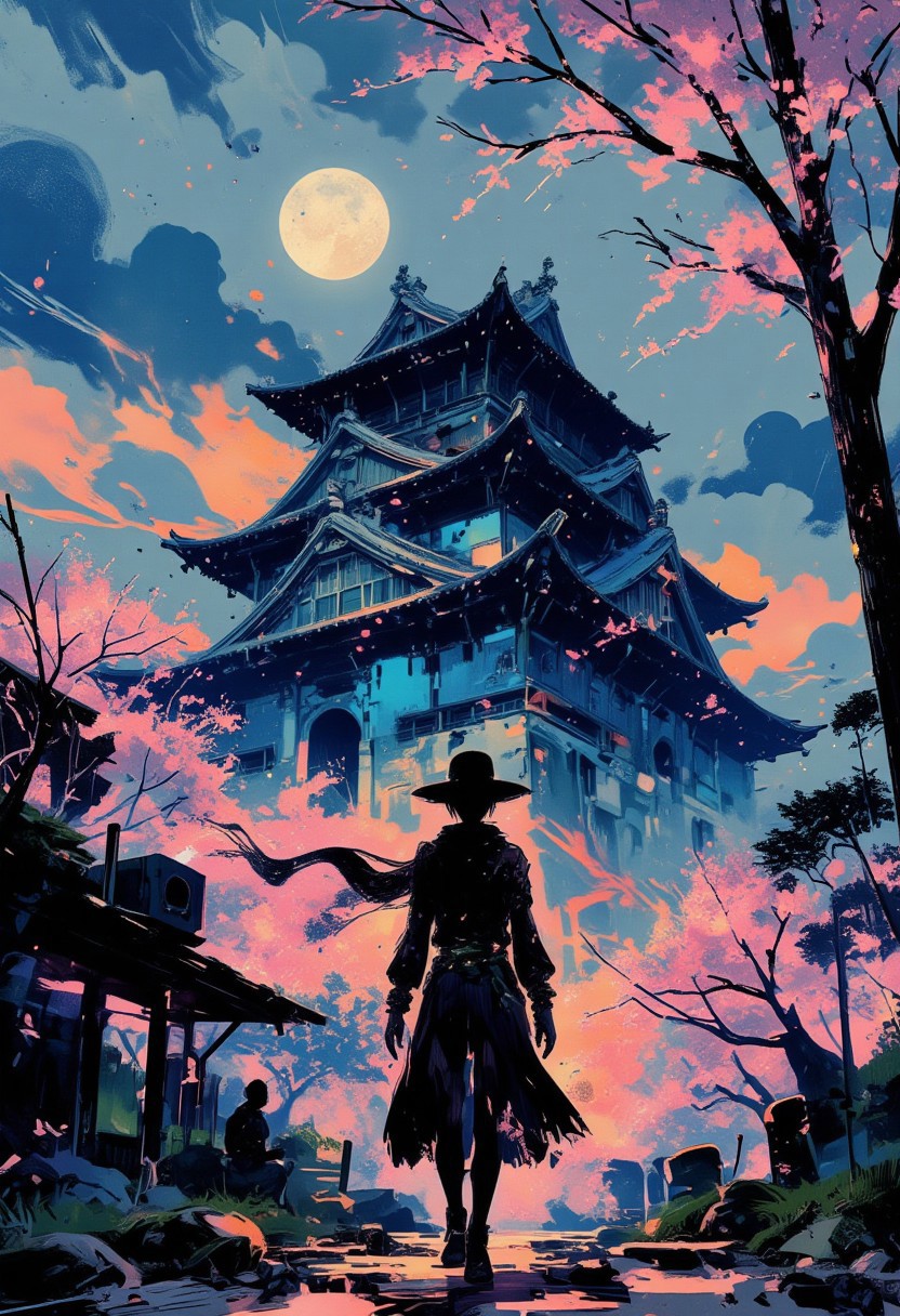 in the style of ck-mgs, nistyle, Special Ink-drawing mode, intricate linework with expressive contrasts, Mh1$AgThS2, Inkplash art on rice paper, sepia, henna , Silhouette Art, magnificent, inksplash anime art, pscho_4rt, a breathtaking ultra-HD anime-style illustration of a electro_style, cowboy, masterpiece, best quality, newest, absurdres, highres, by an ancient japanese edo castle, sunset, ink artwork, sharp color, sakura trees in the background, moon in background. The atmosphere is tranquil yet powerful, evoking a sense of nostalgia and wonder. Highly detailed character, precise silhouette, cinematic lighting, ultra-realistic textures, dreamy and immersive composition, masterpiece. (mainly blue colors)