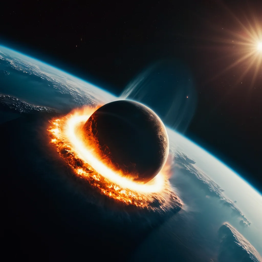 cinematic film still of <lora:collision style:1>
A collision of a planet with a ring of fire coming out of it,sky,no humans,star (sky),scenery,starry sky,space,planet,earth (planet),galaxy , impact, crash, explosion, destruction, strike, wreck, smash, planet, outer-space, galaxy, cinematic, film, different color, real, collision style, shallow depth of field, vignette, highly detailed, high budget, bokeh, cinemascope, moody, epic, gorgeous, film grain, grainy