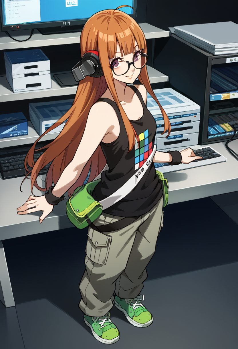 score_9, score_8_up, source_animem
1 girl, solo, cute face,
p5futaba, sakura futaba, long hair, glasses, blunt bangs, orange hair, ahoge
p5futaba-summer, behind-the-head headphones, black tank top, bare shoulders, cargo pants, tetris, grey pants, fanny pack, wristband, green sneakers,
computer store, standing, from side, looking at viewer, smile,
masterpiece, best quality, ultra detailed,