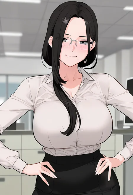 masterpiece, best quality, intricate details, anime screencap, official style, depth of field,
indoors, office,
blush,
looking at viewer, light smile, smirk,
BREAK.
standing, contrapposto, cowboy shot, straight-on, facing viewer, portrait, hands on own hips,
BREAK.
white shirt, dress shirt, collared shirt, shirt tucked in, long sleeves, office lady, black skirt, pencil skirt, high-waist skirt, BREAK.
low ponytail, sidelocks, forehead,
hanyuri, 1girl, solo, grey eyes, black hair, long hair, hair behind ear, mole under mouth, rectangular eyewear, over-rim eyewear, huge breasts, BREAK.
<lora:Mobydick(Webtoon)_All-In-One_ILXL_v1:1>