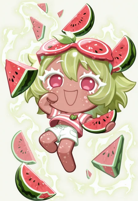 masterpiece,best quality,amazing quality,
colored eyelashes,white eyelashes,
green and pink striped shirt, white shorts, watermelon-themed accessories, cheerful pose, solo, full body, simple background, (summer theme:1.1), (fruit theme:1.1), messy green hair, bright pink eyes, holding watermelon slice, big smile, freckled skin, refreshing aura
crk1styl111,<lora:lycoris:1>,(chibi:1.4),