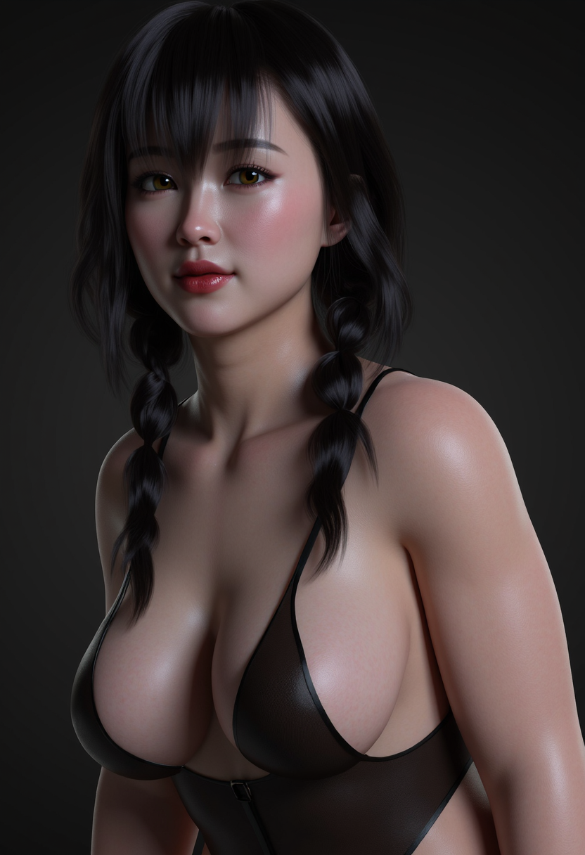 1girl,1 woman,robotskin, mature, large breasts,, (narrow waist),robotskin,realistic, very detailed brown  eyes, seductive, flirtatious, thin, (full red lips), black long plaited hair over sholder, , ears and nose piercings.  happy, cleavage, (heavy huge breasts, fat breasts:1.2), no bra, leaning forward, downblouse grunge, (dynamic lighting:1.1), ((masterpiece)), beautiful composition, seductive_pose, dynamic_angle, low light,zPDXL2