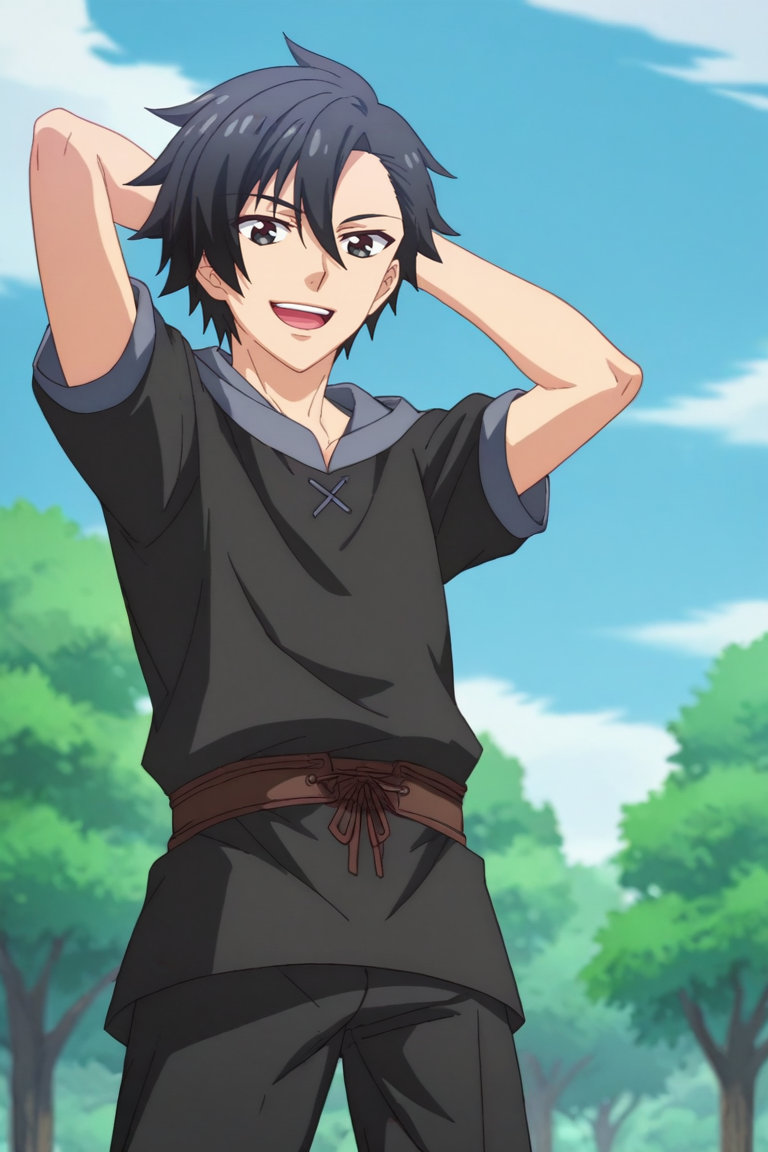 score_9, score_8_up, score_7_up,source_anime,BREAK, rating_safe, intricate details , , , anime screencap, anime coloring, official style, depth of field,1boy, solo, male focus , , , <lora:kelvin:0.98>, kelvin celsius,black hair,black eyes,side swept,short hair,looking at viewer, smile, open mouth, standing,medieval shirts,medieval tunic,short sleeves, :D, outdoors, sky, pants, day, cloud, blue sky, tree, black pants, arms behind head,from below,look down , , ,<lora:sdxl_lightning_8step_lora_315544:1>