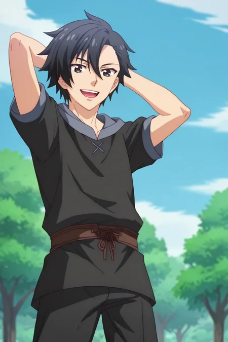 score_9, score_8_up, score_7_up,source_anime,BREAK, rating_safe, intricate details , , , anime screencap, anime coloring, official style, depth of field,1boy, solo, male focus , , , <lora:kelvin:0.98>, kelvin celsius,black hair,black eyes,side swept,short hair,looking at viewer, smile, open mouth, standing,medieval shirts,medieval tunic,short sleeves, :D, outdoors, sky, pants, day, cloud, blue sky, tree, black pants, arms behind head,from below,look down , , ,<lora:sdxl_lightning_8step_lora_315544:1>