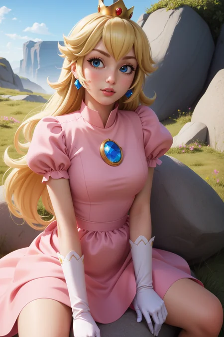(masterpiece, best quality),  intricate details,
1girl,      <lora:princesspeach-lora-nochekaiser:0.8> princess peach, blonde hair, blue eyes, long hair,, crown, dress, gem, gloves, pink dress, puffy short sleeves, puffy sleeves, short sleeves, white gloves,
sitting, outdoors, sitting on rock, grass,