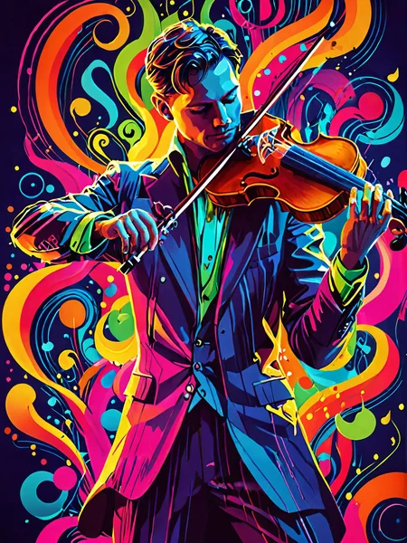 man playing violin  music notes  , art deco<lora:add-detail-xl:1> extreme detail, high quality , dayglo  colors, flat colors <lora:hand 4:1>