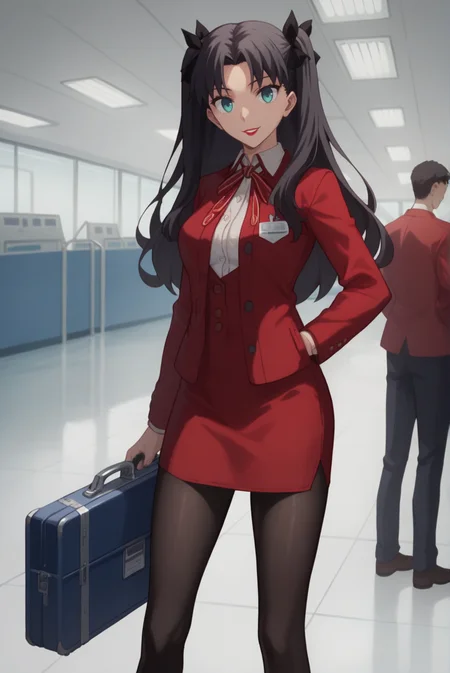 score_9, score_8_up, score_7_up, score_6_up, score_5_up, score_4_up, BREAK 1girl,
<lora:TohsakaRinXL-v1-04:0.7>, ChopioTohsakaRin, black hair, long hair, parted bangs, two side up, hair ribbon, aqua eyes, looking at viewer,
(thick thighs:0.7), medium breasts,
airport, holding suitcase, shiny marble floor, flight attendant, black pantyhose, red skirt, red jacket, white collar, red hat, tight clothes, seductive smile, red lipstick, standing, buttoned jacket,