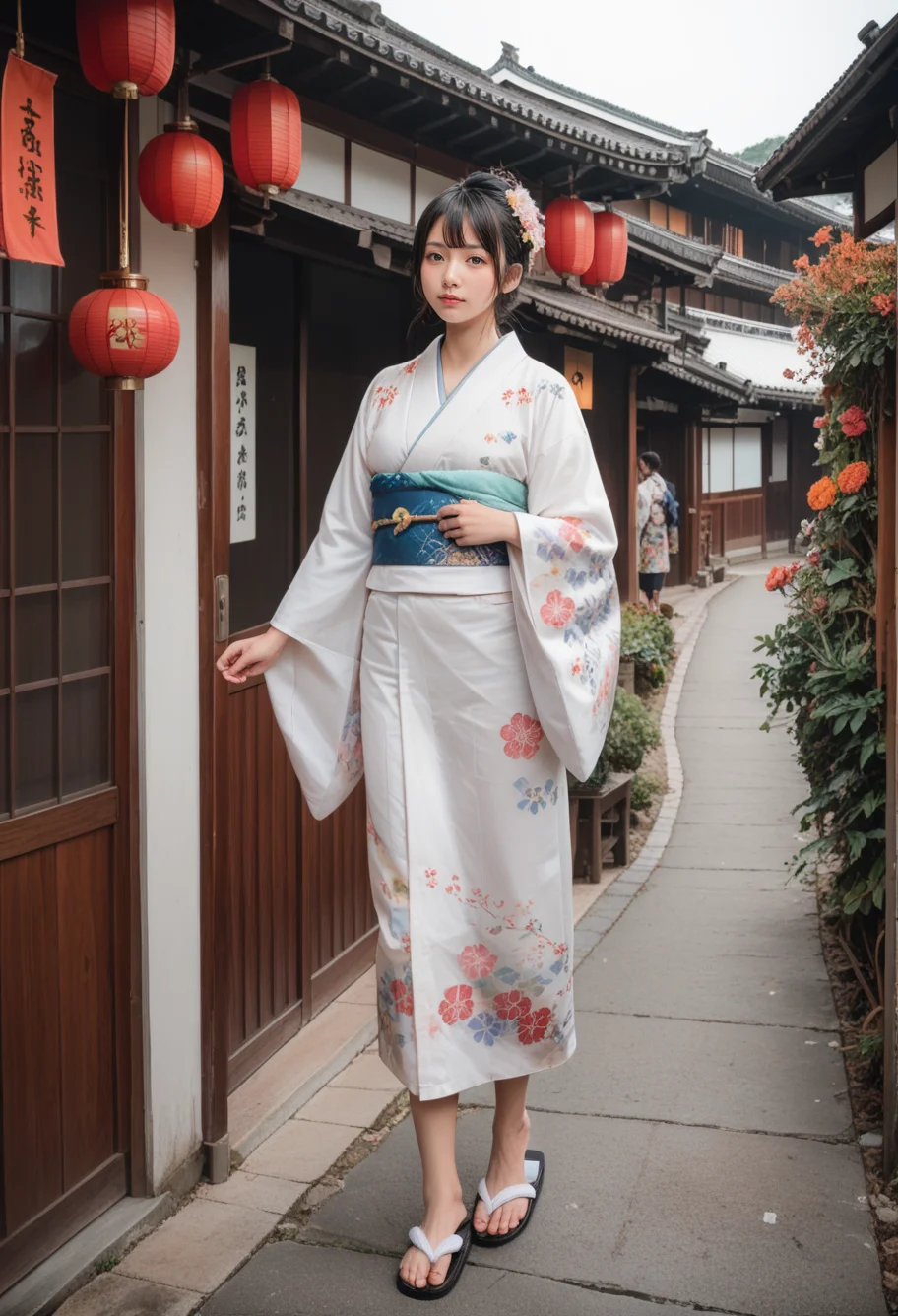 score_9,score_8_up,score_7_up,8k,1girl,solo,,ruanyi0712,floral print,white kimono,obijime,sandals,tabi,wide sleeves,,ruanyi0710,outdoors,<lora:0712 kimono_v1_pony:0.6>,<lora:0710 Nakasen Road_v1_pony:1>