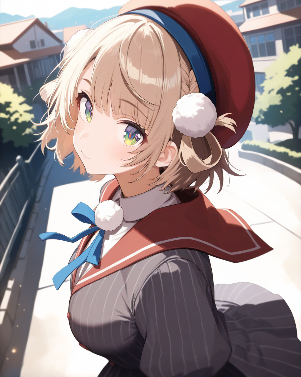 1girl,
ShigureUiVTuber,
safe, solo, dynamic angle, from side, from above,
hair rings, pom pom hair ornament,
beret,
beautiful eyes,
looking at viewer, 
side braid, shiny hair,
red sailor collar,
neck ribbon, 
vertical stripes,
striped jacket, large breasts,
puffy sleeves,
collared shirt,
town, wind, school yard,
depth of field,
<lora:kp_ShigureUiVTuber1stCostumeAnimagineXL_v1_0:1.0>,
masterpiece, high score, great score, absurdres
