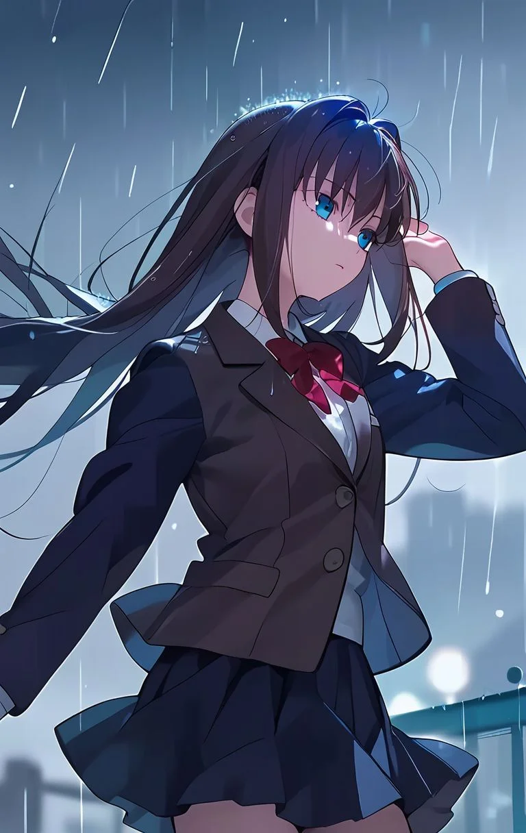 <lora:PONY_character_aozaki_aoko:1>,aozaki_aoko, school_uniform, 1girl, long_hair, skirt, solo, jacket, blazer, rain, bow, score_9, score_8_up, score_7_up, score_6_up,1girl