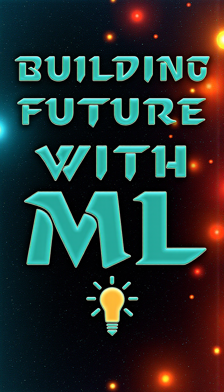 <lora:SC2Font:1>A SC2StyleFont text that says "Building the future with ML" in metallic green letters over a colorful abstract background. Under the text, draw an icon matching the text.