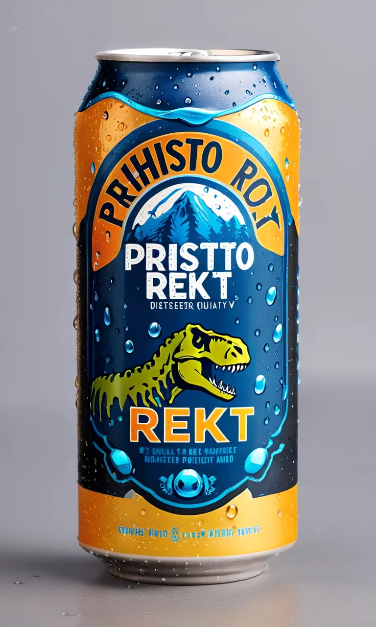 <lora:bevlabsdxl:0.9>,a beer can with t-rex,  text "Prehisto Rekt, Get rekt", bevlabsdxl,  best quality, masterpiece, water droplets, logo, fancy beer,