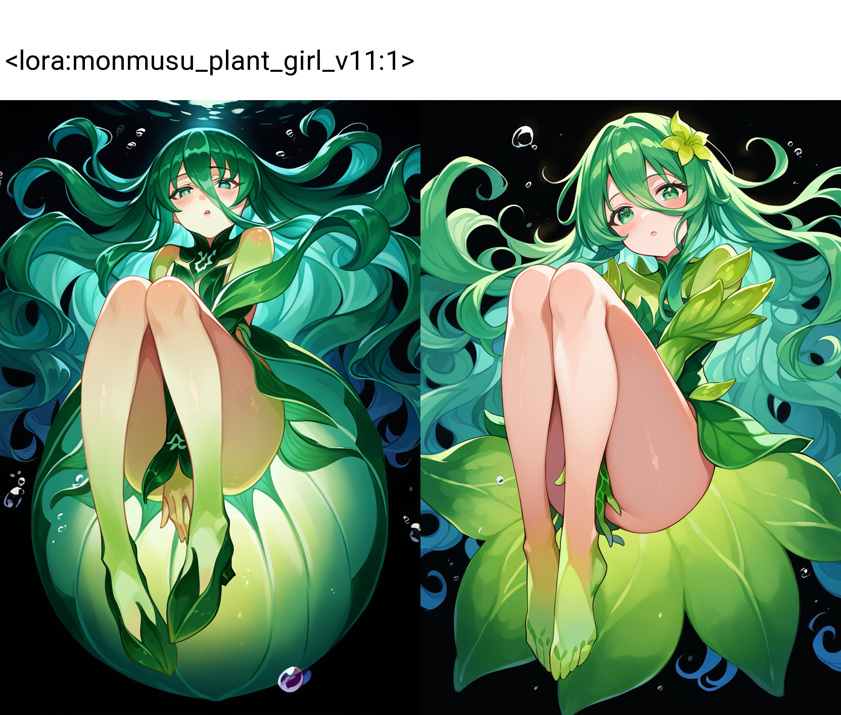 score_9, score_8_up, score_7_up, score_6_up, source anime,
flow kelp, 1girl, :o, absurdres, bare legs, blush, colored skin, full body, green eyes, green hair, green skin, green theme, groin, hair between eyes, long hair, looking at viewer, monster girl, monster girl encyclopedia, official art, open mouth, pale skin, parted lips, plant girl, solo, very long hair, wavy hair, underwater, close-up, from below, knees up, hand between legs, floating, bioluminescence, night, black background
<lora:monmusu_plant_girl_v11:1>