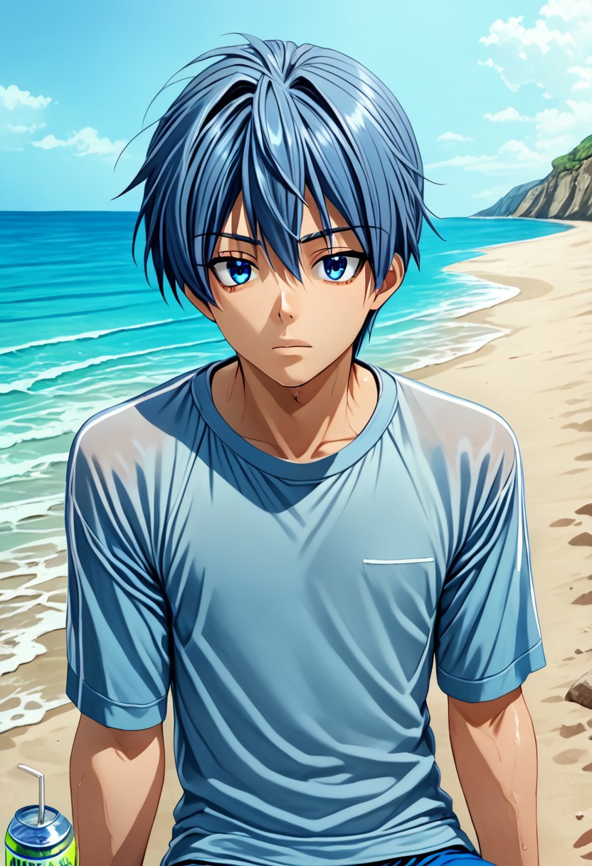 high resolution, solo, best quality, 1Boy, Tomoya Okazaki, Grey Blue Hair, blue eyes, beach, sit, relax, raglan, soft drink,