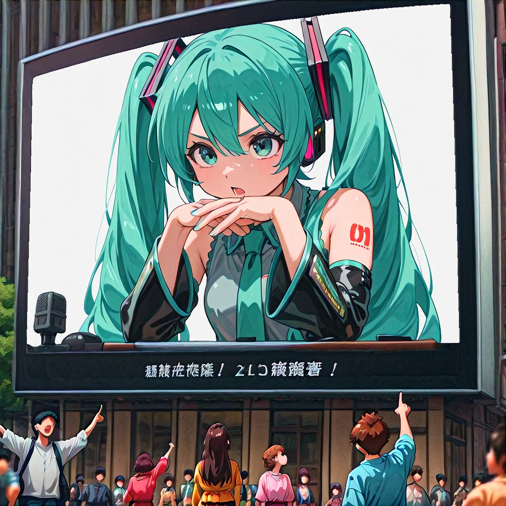 masterpiece, best quality, amazing quality, newest, uncensored, contrapposto, blurry foreground, very aesthetic, absurdres, colorful, perfect hands, volumetric lighting, shiny, depth of field, thick eyelashes, long eyelashes, nihonga, sumi-e BREAK 1girl, hatsune miku, grey shirt, green necktie, sleeveless, bare shouders, detached sleeves, serious face, open mouth, own hands together, hands down, microphone, talking, sitting, across desk, looking ahead, upper body, news, news. breaking news, white background, interview, caption, text, "emergency", foreground, framed, <lora:Digital_billboard-000016:1>