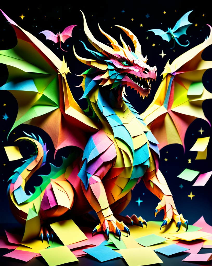 a massive colorful dragon with fine scales made out of Jed-StickyN, dynamic pose, dynamic angle, dark fantasy, epic, intricate details, ultra wide shot, zoomed out, (front view:1.3) with wings spread wide, 
<lora:StickyNotesStyle:1>,  <lora:add-detail-xl:0.7>,  <lora:sd_xl_dpo_lora_v1:1>, <lora:xl_more_art-full_v1:0.3>,  set against a  background of a starry sky,