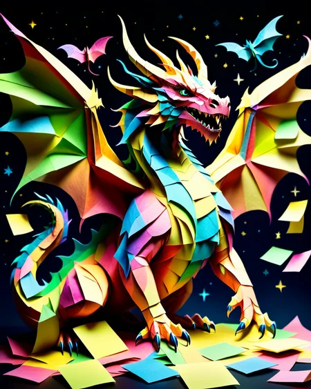 a massive colorful dragon with fine scales made out of Jed-StickyN, dynamic pose, dynamic angle, dark fantasy, epic, intricate details, ultra wide shot, zoomed out, (front view:1.3) with wings spread wide,
<lora:StickyNotesStyle:1>, <lora:add-detail-xl:0.7>, <lora:sd_xl_dpo_lora_v1:1>, <lora:xl_more_art-full_v1:0.3>, set against a background of a starry sky,