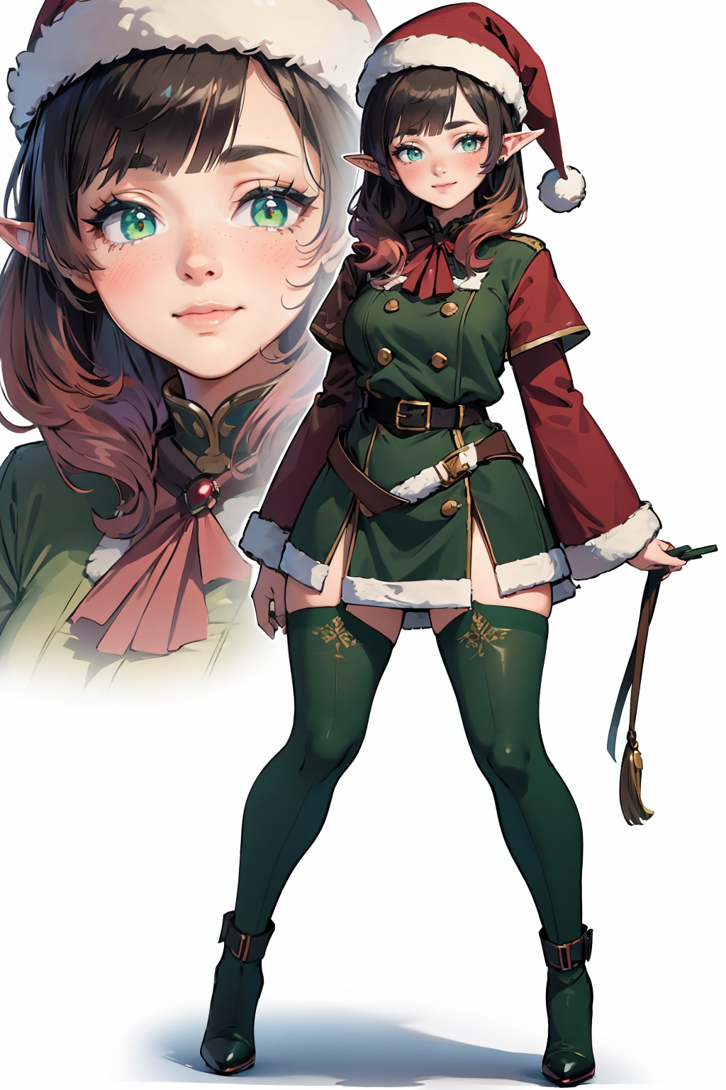 (masterpiece, best quality, highres, high resolution:1.2), extremely detailed, intricate details, 1girl, solo, looking at viewer, clamEmma, <lora:clamEmma:0.6>, (simple background, white background:1.2), full body, santa's elf, green outfit, stocking cap, high heel boots, smile, side-swept bangs, black hair, pink IncursioDipDyedHair, messy mid ponytail, green eyes, thick eyebrows, freckles, <lora:DipDyedHair:0.8>, <lora:weight_slider_v2:0.25>, (cinematic lighting, bloom, volumetric)