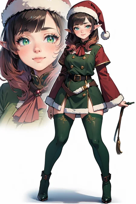 (masterpiece, best quality, highres, high resolution:1.2), extremely detailed, intricate details, 1girl, solo, looking at viewer, clamEmma, <lora:clamEmma:0.6>, (simple background, white background:1.2), full body, santa's elf, green outfit, stocking cap, high heel boots, smile, side-swept bangs, black hair, pink IncursioDipDyedHair, messy mid ponytail, green eyes, thick eyebrows, freckles, <lora:DipDyedHair:0.8>, <lora:weight_slider_v2:0.25>, (cinematic lighting, bloom, volumetric)