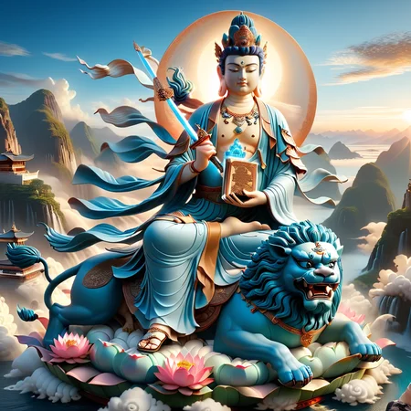 hyper-realistic style,(Buddha statue:1.2) of Manjushri with (heavenly apparel:1.1),(five tufts of hair:1.1),one hand (holding a sword:1.2),and the other (holding a ruyi or an ancient book:1.1),(riding a blue lion:1.2),comfortable and leisurely (sitting on a lotus:1.1) atop an (independent cloud:1.1) in the sky,with a gentle breeze. Composition is a (birdâs-eye view:1.1) with a (380-degree perspective:1.1),(background:0.9) of the ocean and dawn. Image is filled with (nuanced light and shadow:1.2),(cinematic style:1.1),(12K resolution:1.2),(exquisitely realistic details:1.3),ultra-high quality,ultra-clear,<lora:SDXLä½åææ®è©è©:1>,, 8K, best quality, blurred, bokeh, depthoffield, filmgrain, glisteningskin, HDR, highres, Kodakportra400, lens flare, masterpiece, photography,   RAW photo, realistic, shar pfocus, ultra detailed, ultra highres, vibrant color, masterpiece,best quality,ultra high res,mini_world,the mini world composed of ancient architecture and a mountain  and waterfal and river and bridge,vivid color,c4d,potted plant_style,<lora:å¾®ç¸®ä¸ç(è¸å±±è½æµ·):0.3>,