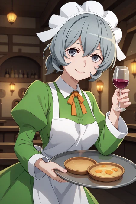 score_9, score_8_up, score_7_up, score_6_up, source_anime, 1girl, solo <lora:syrflova-pdxl-nvwls-v1-000004:1> dmSyr, grey hair, medium hair, folded ponytail, maid headdress, neck ribbon, green dress, white apron, puffy sleeves, long sleeves, black pantyhose, looking at you, smile, indoors, tavern, breasts, upper body, holding tray, wineglass