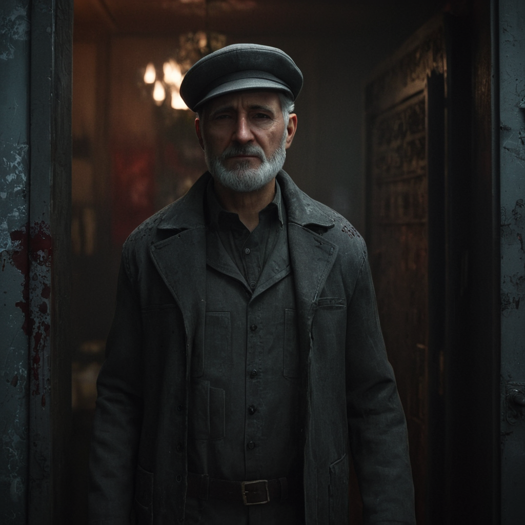 professional 3d model of  <lora:LoDe+Ro style:1>
a man with a hat and a beard is standing in a doorway,solo,looking at viewer,1boy,hat,upper body,white hair,grey hair,male focus,blood,facial hair,beard,mustache,blood on clothes,paintbrush,old,old man,blood splatter,LoDe+Robots Style,Love Death + Robots style,Love,Death & Robots style,animated,horror,dark,black,apocalyptic,dystopian,domination,old person,blood,surprise , dramatic light, cyberpunk, LoDe+Ro style, octane render, highly detailed, volumetric, dramatic lighting
