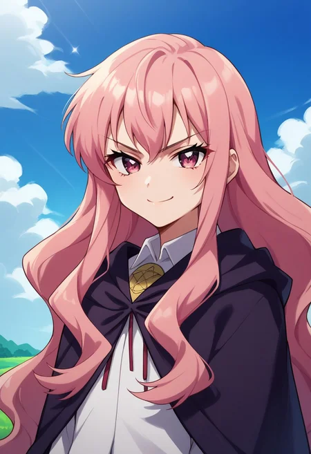 score_8_up, score_7_up, source_anime, highly detailed,
louisezero, 1girl, solo, long hair, pentacle, cape, pink hair, pink eyes, upper body, bolo tie, shirt, white shirt, hold, wand, magic wand, smirk,
outdoor, sky,