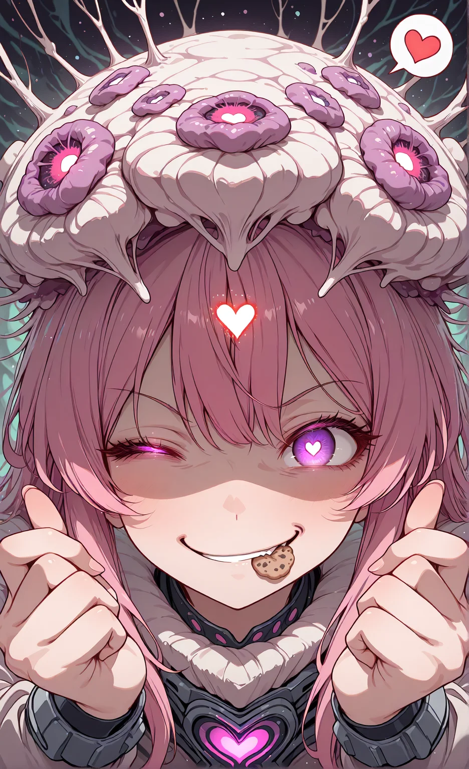 masterpiece, sharp detail, intricate detail, hair shader, 1girl, <lora:MyceliumT-000014:1>, myceliumt, myceliumt dress, full body, glowing eyes, detailed eyes, gradient eyes, eyelashes, detailed face, detailed eyes, looking at viewer, smile, cookie in mouth, close-up face, smirk, spoken heart, wink, finger heart, <lora:CivChan:1> CivChan, purple eyes, pink hair,