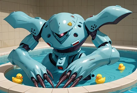 score_9, score_8_up, score_7_up, source_anime, front view, BREAK, ( hygogg, blue_hygogg_armor, pink monoeye, looking at viewer, leaning forward, long arms, very long arms, claw on edge of tub, long claws) 1mech, wide mech, large shoulders, large shoulder armor, mech focus, solo, BREAK, hygogg in pool, in water, half submerged, rubber ducks, holding rubber duck, Poolrooms, Liminal Space,