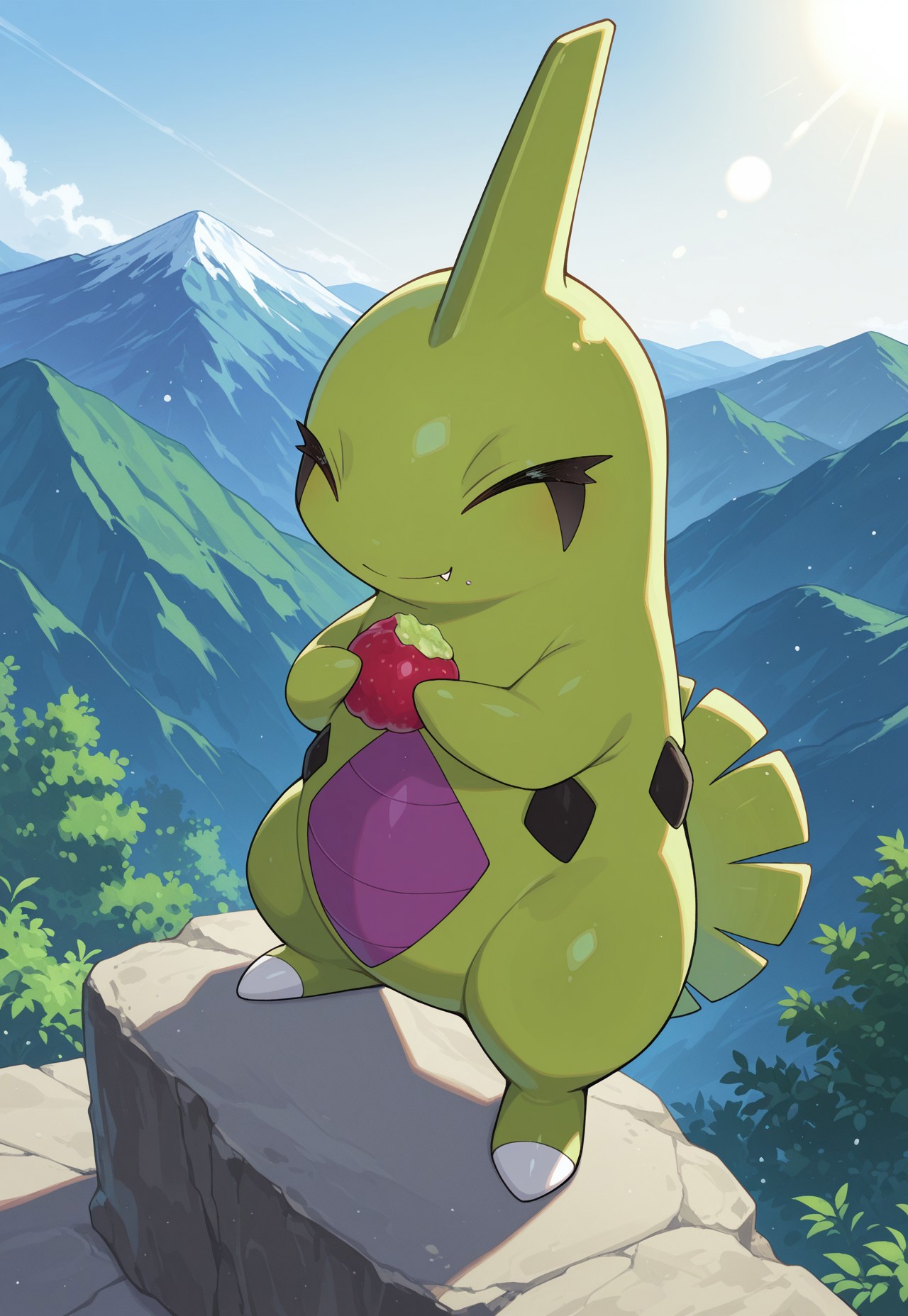 score_9, score_8_up, score_7_up, masterpiece, best quality, very aesthetic, absurdres, amazing quality, high resolution, ultra-detailed, volumetric lighting, newest, scenery, PKMN_Larvitar, 1other, solo, pokemon focus, lime skin, purple belly, ShinyLarvitar, alternate color, full body, standing, holding, eating, berry_(pokemon), closed eyes, smile, fang out, perspective, mountain, day