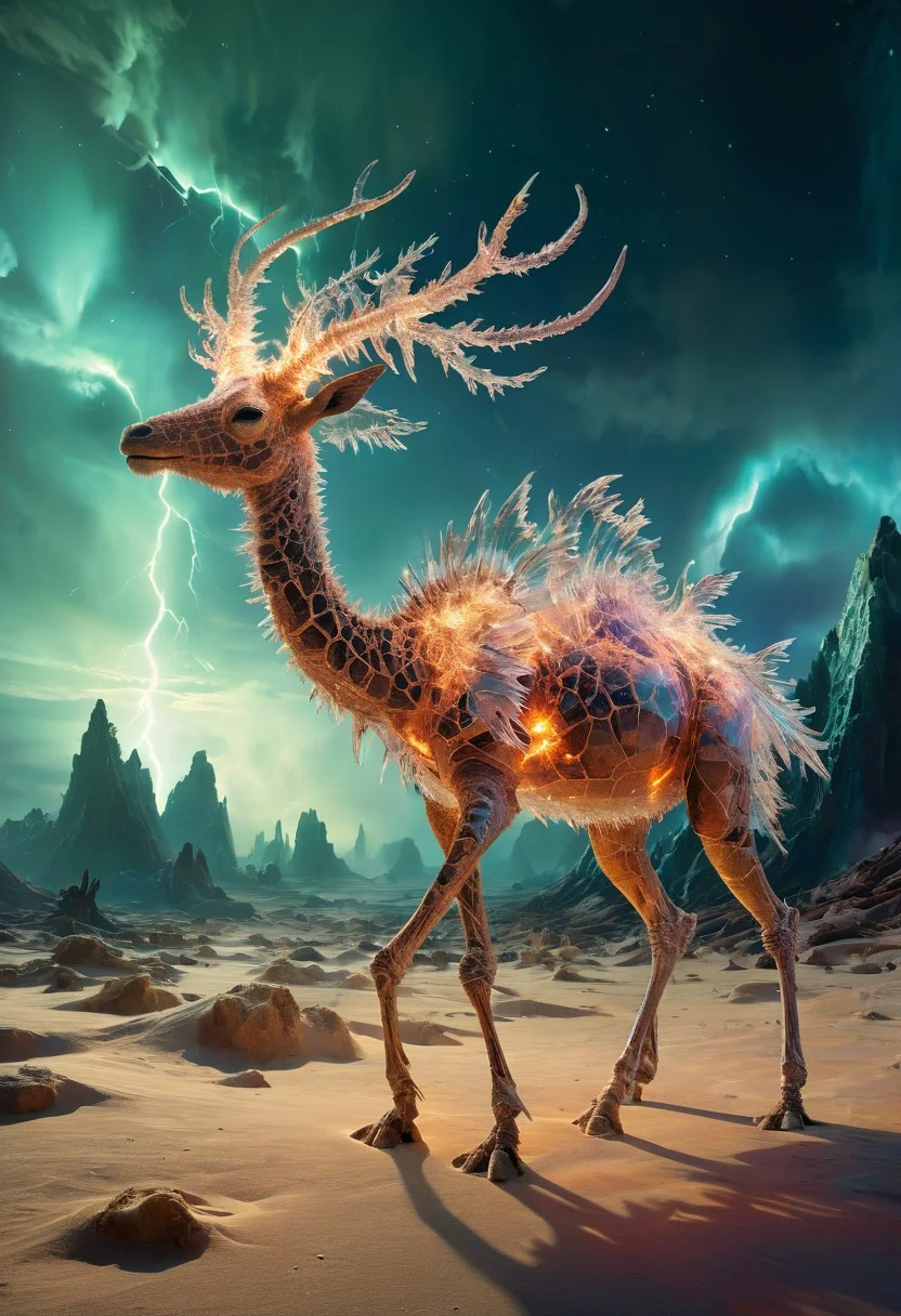white desert oasis, salty earth, hyper detailed, rusty, striking, animalistic, bite-sized, by Floris van Schooten and by richard avedon, famous artwork inspired by (beeple:1.3) and (cliff nielsen:1.4), crystalline, fractal art, fantasy style, this peculiar life form, the "inquisitive plerkblortz" hides in the gnarling dense crystal jungles of the puffalorpled exoplanet "gazorpazorp secundus", covered in a metallic exoskeleton it ambushes its prey with (long crystalline appendages:1.4), dark, shadows, black, shadow hues, highly artistic, highly painterly, harmonic colors, expressive, ultimate aesthetic level, visible brushstrokes, masterclass artistry, vibrant energy, apocalyptic mood, atmospheric haze and dense fog, strong winds, highly aesthetic, otherworldly, limited palette, faded colors, washed out colors, extremely dark, extremely low key lighting, dark shadows, perfect composition, full panoramic shot translucent, transparent, glowneon, glowing, sparks, lightning