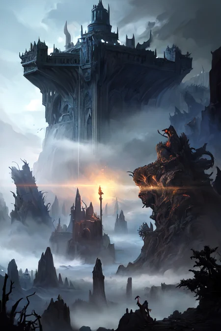 hyperrealism oil painting, Apparition of the castle,
light fog,,,
aimi,aimi_\(sky-freedom\),sky-freedom style,by sky-freedom,purple eyes,long hair,black hair,blunt bangs,sidelocks in a hime cut,(mole under mouth:1.2),demon girl,demon tail,multiple horns,
fantasy forest illusory moonlight,
a dense, ancient forest, with towering trees, mystical fog, ethereal glow, ancient runes carved into the bark, and magical creatures lurking,
Noon,
<lora:more_details:0.3>,
<lora:EnvyFantasyMix05:0.5>,
<lora:ghost:0.4> guiguai,
<lora:FantasyRuins:0.5> FanRu,
<lora:USNR STYLE_XL_loha:0.3> usnr,
<lora:EtherSDXL:0.3> EtherStyle,