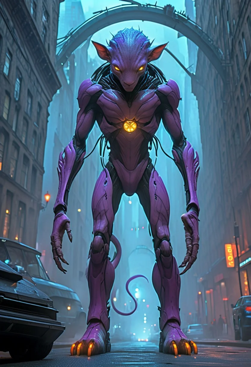 score_9, score_8_up, score_9_up, SilverPulse, Fantasy Creature, punk hair, lizard, cat, alien girl, feminime, female, 1girl, four arms, Avatar navi alien with purple skin, bal, big eyes, medium breast, red trench coat, running on the top of train, yellow train, cyberpunk city, night, neon light, rainy, dynamic view, dynamic pose, super wide angle shot, extreme perspective,