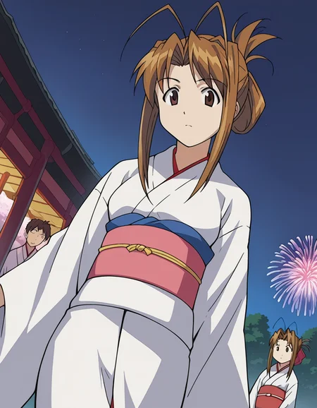 score_9, score_8_up, score_7_up, source_anime,
narunarusegawa, <lora:naru-narusegawa-ponyxl-lora-nochekaiser:1>,
naru narusegawa, long hair, brown hair, antenna hair, brown eyes,
ponytail, japanese clothes, kimono, sash, obi, yukata, white kimono, folded ponytail,
outdoors, shrine, festival, fireworks,
looking at viewer, dutch angle, cowboy shot,