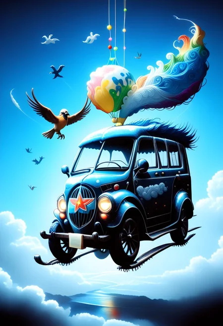 ppstorybook, A whimsical, flying van made of shingles with rainbow-colored paint and oversized wheels, soaring through the clouds with balloons made of shingles trailing behind, surrounded by fluffy clouds made of shingles and playful birds made of shingles , depicted in a cheerful, cartoonish style with soft pastel hues. mad-shingles