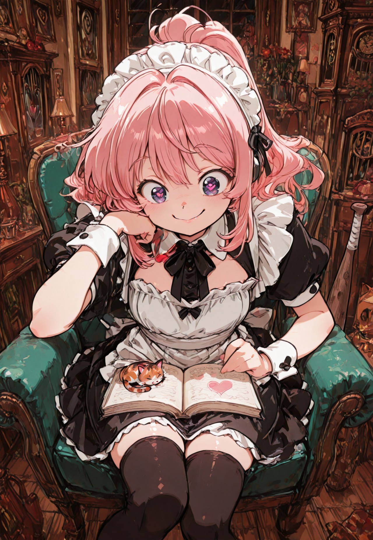((tegaki, zzlofi, retro artstyle, perfection style, perfection, perfect)),  newest, absurdres, highres, very aesthetic, sharp focus, ((Masterpiece :1.2)), ((Best quality :1.2)), (ultra-detailed), perfect eyes, (detailed face, beautiful detailed eyes), directional lighting, blooming, from above, from front, Atmospheric perspective, wide angle, 
1girl, CivChan, purple eyes, pink hair, evil smile,heart-shaped pupils, maid apron, maid, maid headdress, thighhighs, wrist cuffs, 
armchair, civbot, book, bookshelf, calico, candle, cat, chair, clock, cup, dalecarlian horse, desk lamp, grandfather clock, holding book, lamp, mug, open book, painting \(object\), pile of books, rafters, reading, sitting, wooden baseball bat,window, wooden floor,